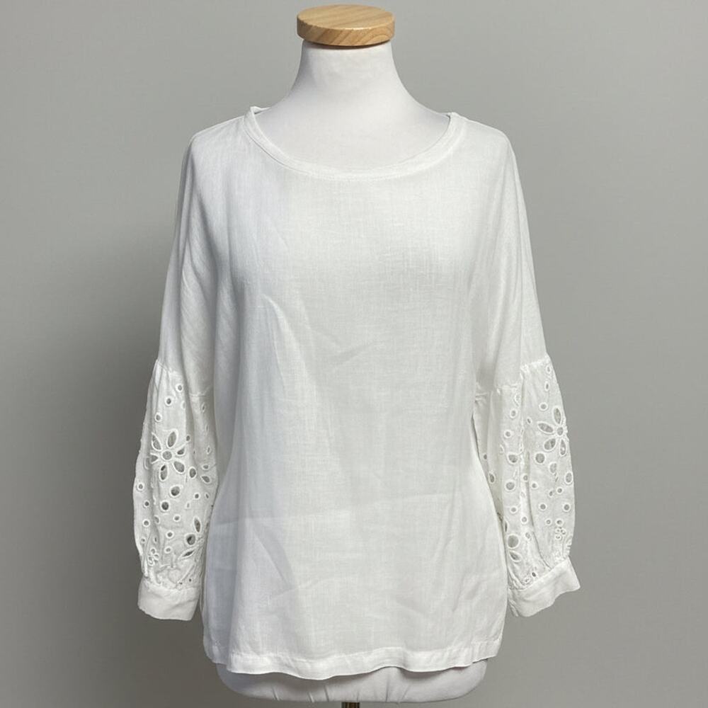 120 Lino white linen eyelet sleeve blouse, Size XXS